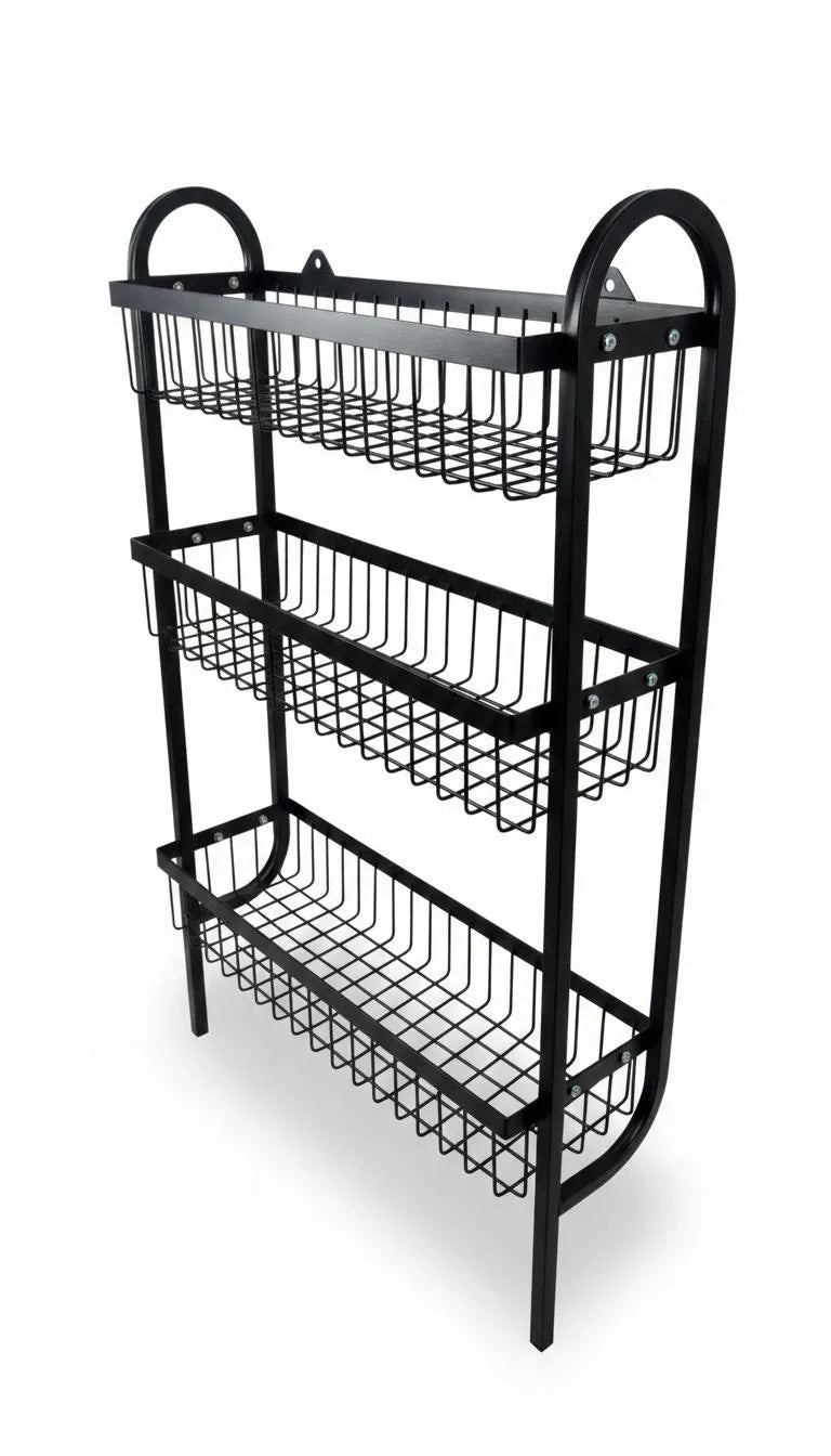 3-Tier Wall Mounted Spice Rack – Black Stainless Steel Kitchen Organizer