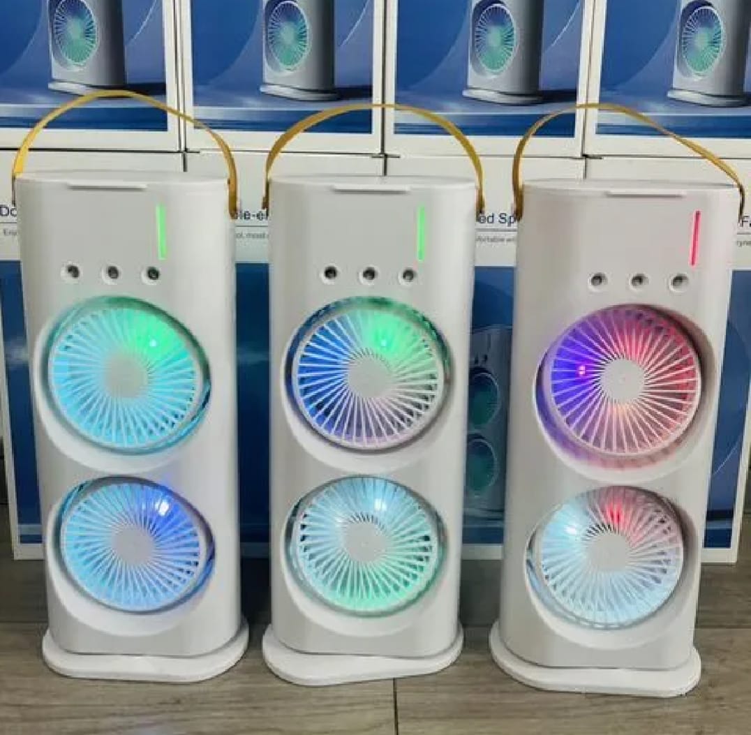 Dual Spray Mist Fan with RGB Lights – USB Powered 2-in-1 Air Cooler