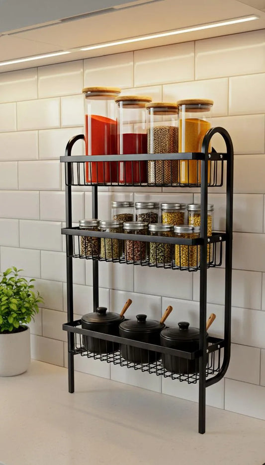 3-Tier Wall Mounted Spice Rack – Black Stainless Steel Kitchen Organizer