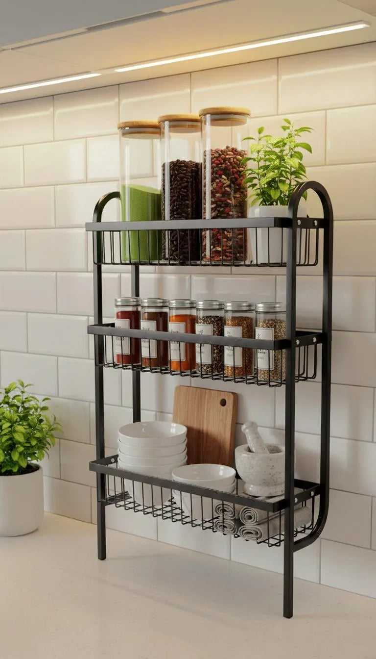 3-Tier Wall Mounted Spice Rack – Black Stainless Steel Kitchen Organizer